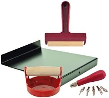 Speedball Block Printing Tool Set (4-Piece) - Includes Linocut Carving Tool, Roller Brayer, Printmaking Baren, and Bench Hook - Made in USA