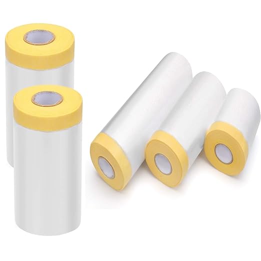 Pre-Taped Masking Film-70inx65ft Tape and Drape Painters Plastic Rolls, Plastic Painting Film for Automotive Painting Covering,Protective Drop Film for Furniture, Car, Floor (4rolls, 70in×65ft)