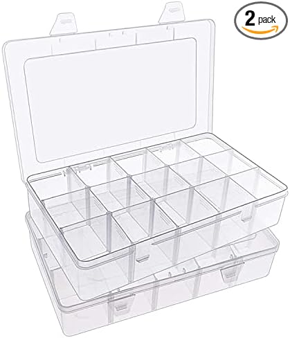 2 Pack Plastic Small Crafts Storage Boxes with Adjustable Dividers (15 Grid)