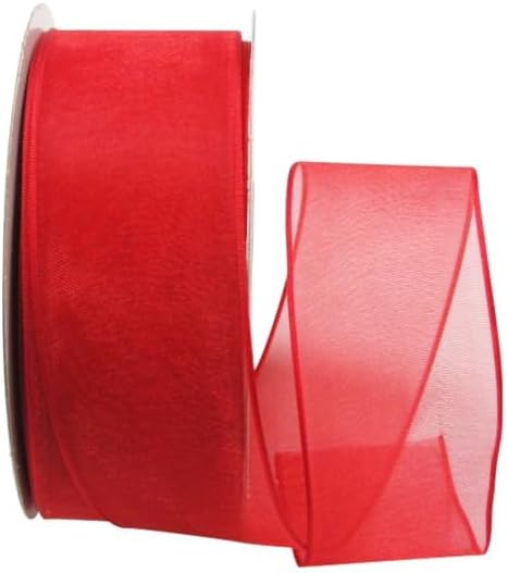 Ribbon Bazaar Sheer Organza Wired Ribbon - 100% Polyester Wire Edged Ribbon for Floral Decor, Table Arrangements, Apparel Embellishment & More - 1-1/2" Red 25yd