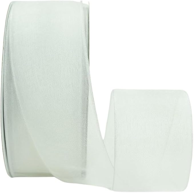 Ribbon Bazaar Sheer Organza Wired Ribbon - 100% Polyester Wire Edged Ribbon for Floral Decor, Table Arrangements, Apparel Embellishment & More - 1-1/2" White 25yd