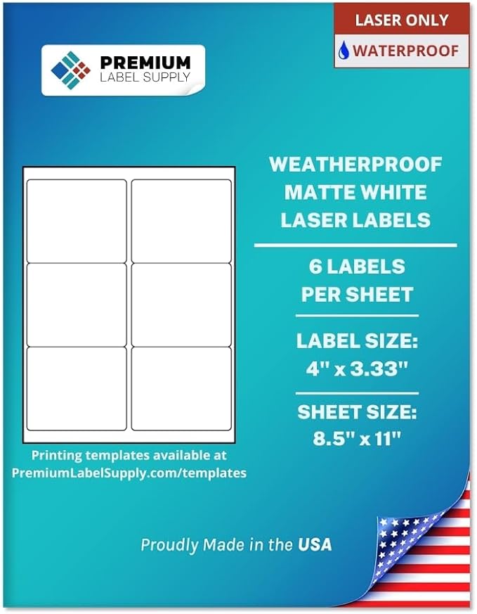 Premium Label Supply Waterproof Matte White Sticker Labels – 4" x 3.33" – Laser Printers Only – (6 per Sheet), 500 Sheets - 3,000 Total Adhesive Labels