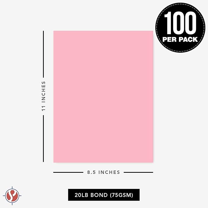 8.5 x 11" Pink Color Paper Smooth, for School, Office & Home Supplies, Holiday Crafting, Arts & Crafts | Acid & Lignin Free | Regular 20lb Paper - 100 Sheets