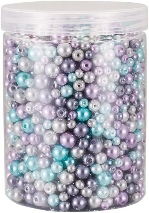 About 1840Pcs 4/6/8mm Glass Pearl Beads Pearlized Beads Multi Colors Round Spacer Beads for DIY Craft Jewelry Making Hole: 1mm, Mixed Purple & Grey & Turquoise