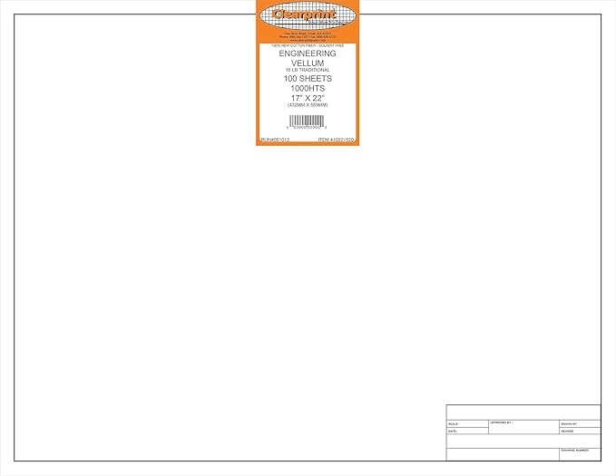 Clearprint 17" x 22" 1000H Design Vellum Sheets with Engineer Title Block, 16 lb., 100% Cotton, 100 Sheets Per Pack, 1 Each