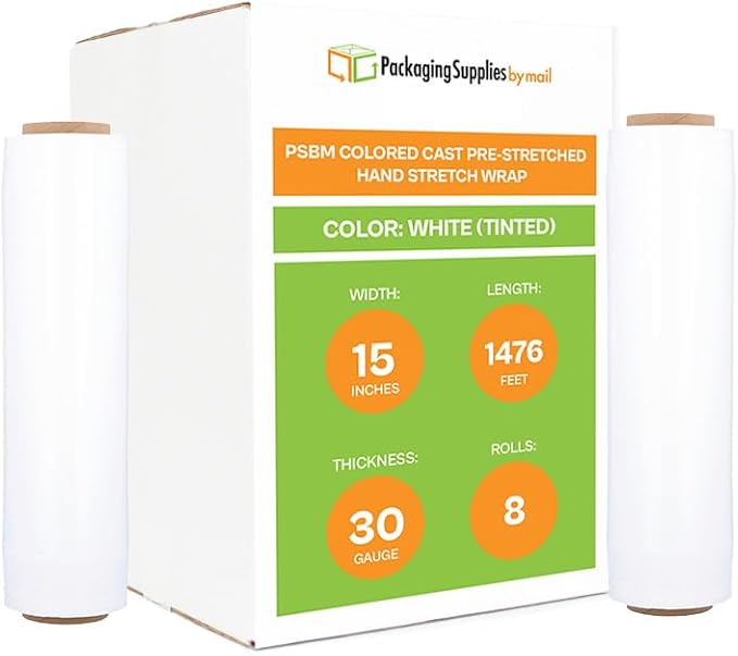 PSBM White Stretch Wrap, 15 Inch x 1476 Feet, 8 Pack, Tinted Pre-Stretched Shrink Wrap Film for Moving, Packaging, Pallet Wrapping