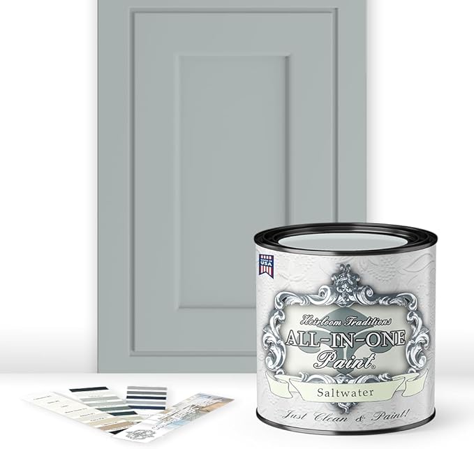 ALL-IN-ONE Paint, Durable cabinet and furniture paint. Built in primer and top coat, no sanding needed. Includes our 30 featured color card - Saltwater (pale green), Quart