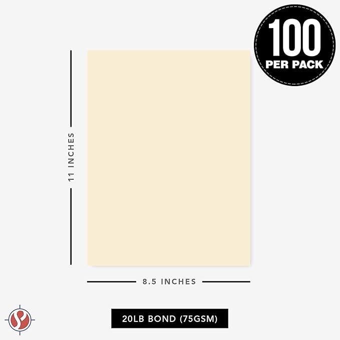 8.5 x 11" Cream Color Paper Smooth, for School, Office & Home Supplies, Holiday Crafting, Arts & Crafts | Acid & Lignin Free | Regular 20lb Paper - 100 Sheets