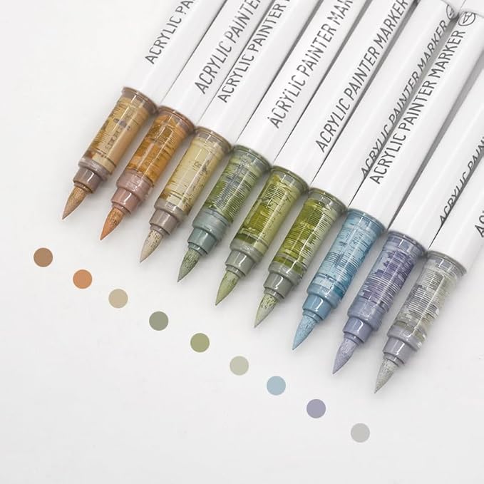 Water Based Acrylic Paint Markers, 9 Colors Acrylic Paint Pens Set with Soft Brush Tip, Marker Pen for Rock Painting, Egg, Wood, Glass, Paper, Mugs, Acrylic Painter Ink (Advanced Gray)