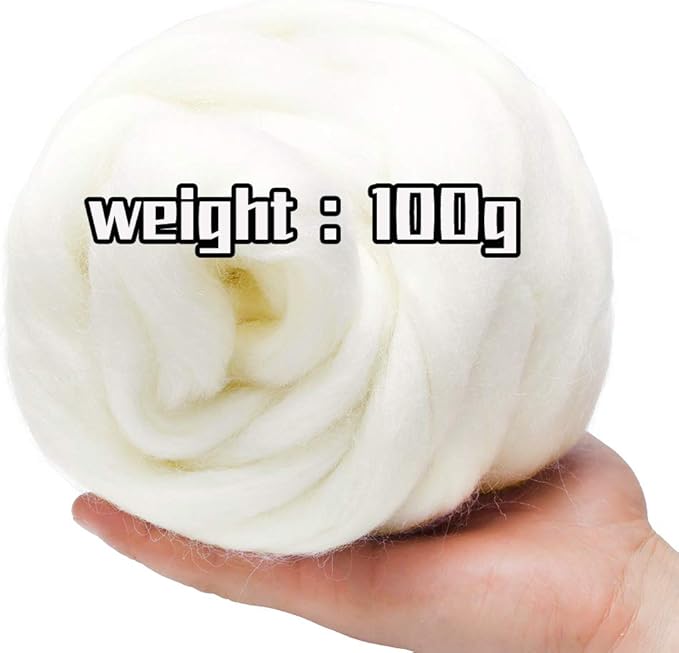 3.53oz Wool Roving Yarn, Wool Felting Supplies, Pure Wools, Chunky Yarn, Spinning Wool Roving for Needle Felting Wet Felting DIY Hand Spinning (White)