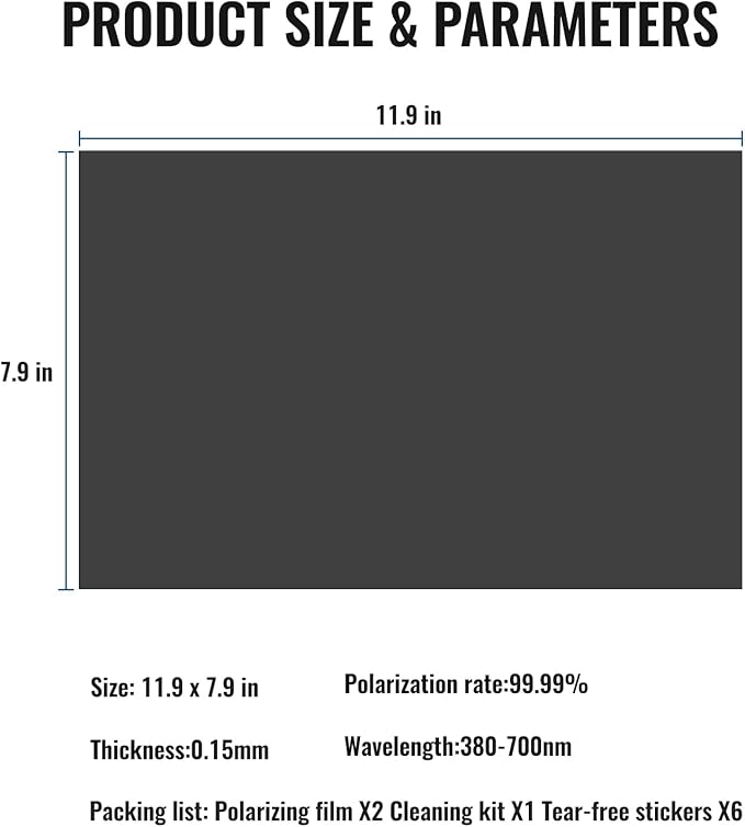 Polarizing Film, with Cleaning Kit and Finger Cots Adhesive Polarized Film 2 Pcs, Size7.9 X 11.9 in, Thikness 0.15mm, Suitable for LCD Screen Repair Photographic Filters & Physics Education