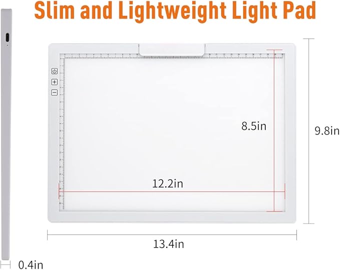 Rechargeable A4 LED Light Pad w/Built-in Riser Stands, 6 Levels of Brightness, Type-c Charging Port, Evenly Illuminated Light Box for Tracing, and Diamond Painting- (White)