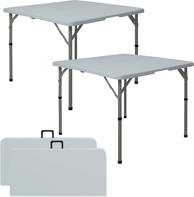 Set of 2 Square Folding Table 34in Multi-Functional Portable Folding Card Table with Carrying Handle for Indoor Outdoor Camping,Picnic, Office, Party Use HDPE Plastic Tabletop with Metal Frame(Grey)