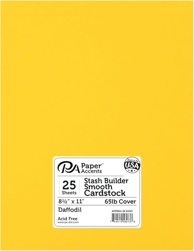 Accent Design Paper Accents Stash Builder Cardstock 8.5" x 11" Daffodil, 65lb colored cardstock paper for card making, scrapbooking, printing, quilling and crafts, 25 piece pack
