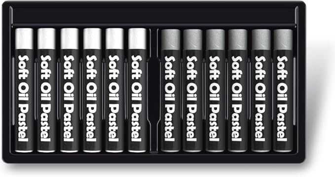 12 Pcs Monochrome Artists Grade Soft Oil Pastels Vibrant and Creamy Colored Chalk Pastels Art Supplies Set for Professionals Painting Drawing White Gray