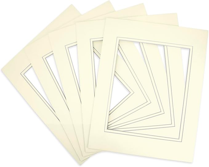 Golden State Art, 11x14 Double Mats for 8x10 - for Photos, Pictures, Frames - Acid-Free, 5 Pack, Ivory Over Ivory