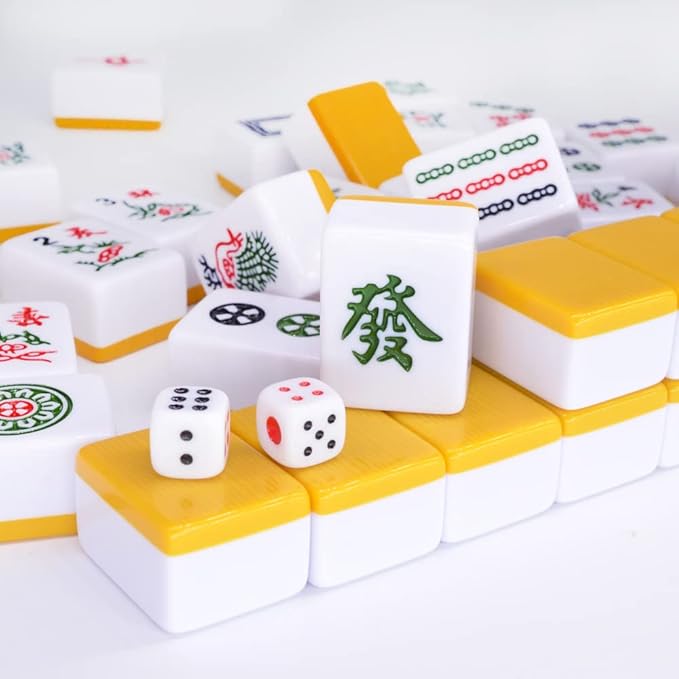 drizzle Chinese Mahjong Game Set - 146 Medium Size Tiles 1.3inch with Instructions - Professional Mah Jong Play Yellow [專業中式麻將]