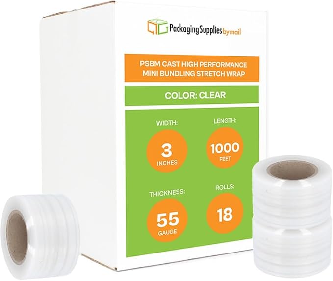 PSBM Mini Stretch Wrap with Handle, 18 Pack, 3 Inch x 1000 Feet, 55 Gauge, Clear High Performance Small Plastic Cling Film for Pallets Moving Storing