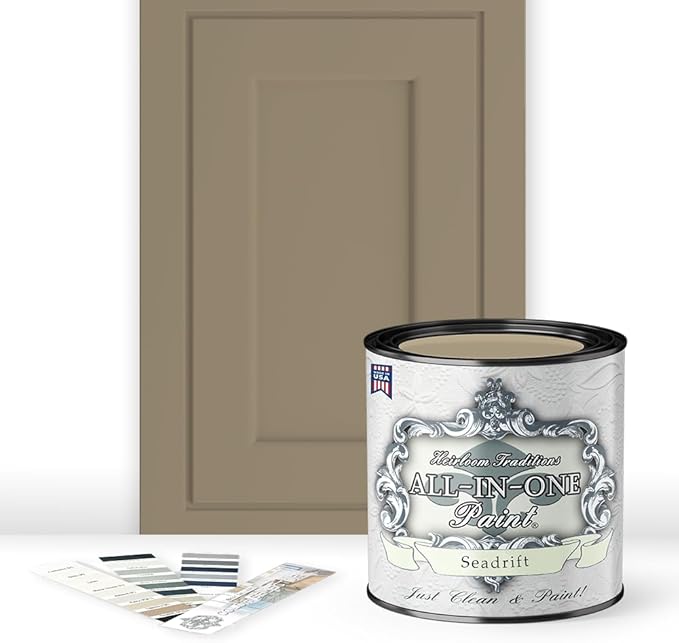 ALL-IN-ONE Paint, Durable cabinet and furniture paint. Built in primer and top coat, no sanding needed. Includes our 30 featured color card - Seadrift (warm, earthy tan), Quart