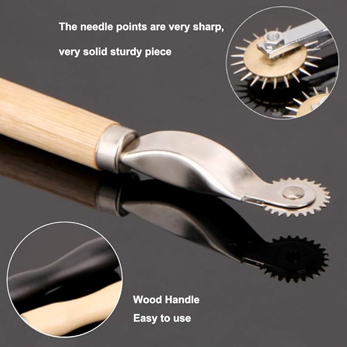 LUNARM 2 PCS Tracing Wheel - Professional Stitch Marking Spacer, 4mm and 2mm Leather Needle Point Tracing Wheel with Wooden Handle for Arts and Leather Crafts