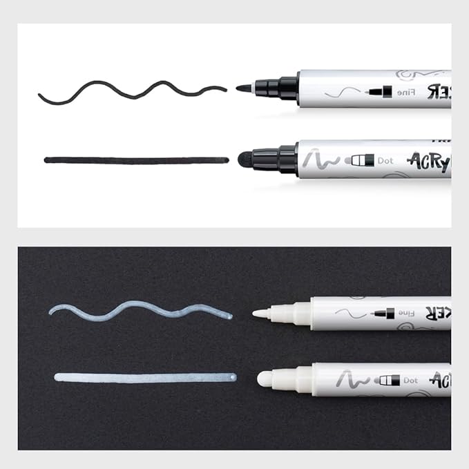 TRANSON 6 Black and 2 White Paint Markers Bold and Fine Dual-tip Acrylic Paint Marker for Rock Glass Canvas Wood Leather Ceramic DIY Painting