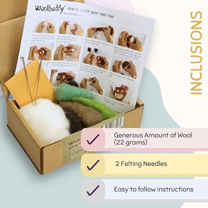 Woolbuddy Owl Needle Felting Kit for Beginners – DIY Animal Craft Kit with Wool, Needles & Photo Instructions – Fun Project for Adults & Kids