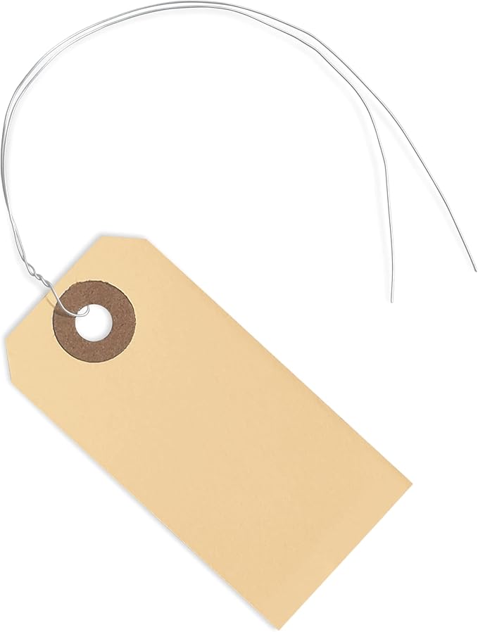 100 Manila Shipping Tags with Wire Attached #1-2 3/4” x 1 3/8” - Small Paper Hang Labels with Metal Ties and Reinforced Hole, Pre-Wired Tags to Tie On