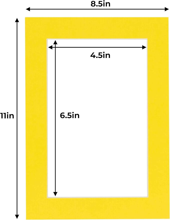 5x7 Mat for 8.5x11 Frame - Precut Mat Board Acid-Free Show Kit with Backing Board, and Clear Bags Yellow 5x7 Photo Matte Made to Fit a 8.5x11 Picture Frame Matboard for Framing, Pack of 25 Mats