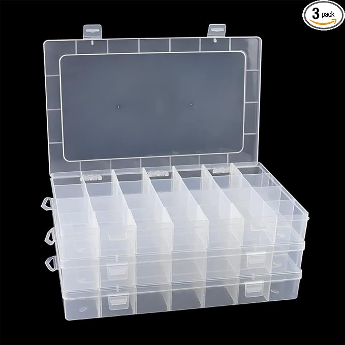 3Pack 28 Compartment Organizer Box with Parkical Adjustable Dividers, 28 Grids Plastic Storage Container for Jewelry, Craft DIY, Bead Organizer, Sewing, Dip Powder, Hair Accessories