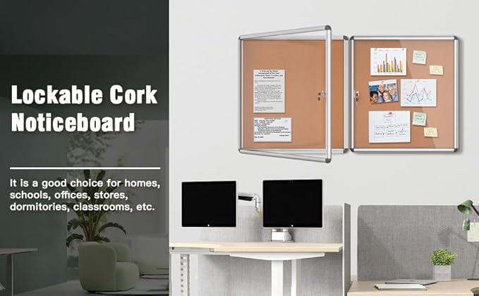 2 Pack 28"x26" Enclosed Bulletin Board, Lockable Weather-Resistant Aluminum Cork Noticeboard for School & Office, Silver Frame w/Cork