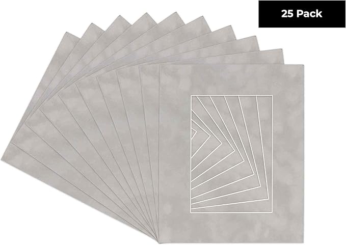 Pack of 25 Acid Free 8x10 Mats Bevel Cut for 5.5x8.5 Photos - Light Grey Suede Precut Matboards For Pictures, Photos, Framing - 4-ply Thickness