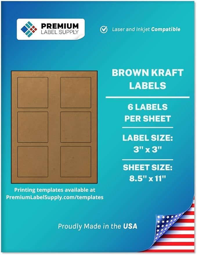 Premium Label Supply Brown Kraft Sticker Square Labels – 3" x 3" – Laser/Inkjet Compatible – (6 per Sheet), 1000 Sheets – 6,000 Total Adhesive Labels