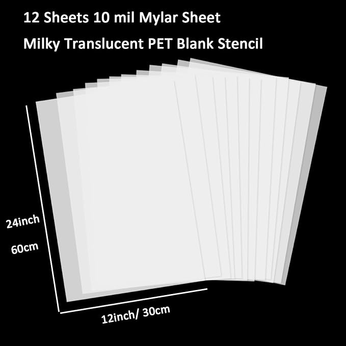 12 Pcs 10 Mil Blank Stencil Sheets 12 x 24 inch Milky Translucent PET Stencil Making Sheet Mylar Blank Template for DIY Art Craft, Cricut, Laser Cutting, Template Material