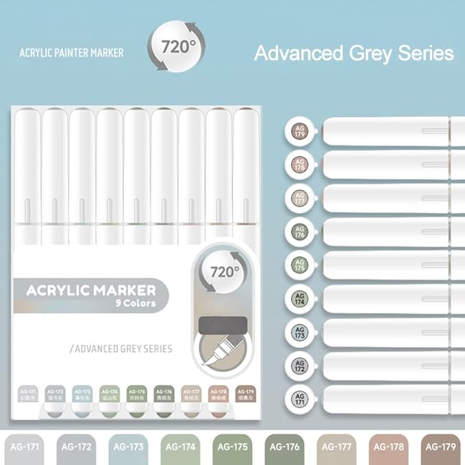 Water Based Acrylic Paint Markers, 9 Colors Acrylic Paint Pens Set with Soft Brush Tip, Marker Pen for Rock Painting, Egg, Wood, Glass, Paper, Mugs, Acrylic Painter Ink (Advanced Gray)