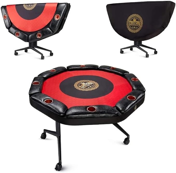 Triton Foldable Poker Table with 8 Chairs - Premium Soft-Padded Armrest, Individual Cup Holders, Portable Mat- Crafted with Durable Materials, Long-Lasting Poker Table for 8 Players