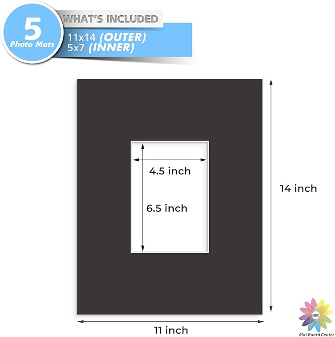 MBC MAT BOARD CENTER, 5 Pack 11x14 for 5x7 Black Picture Mats Frame Mattes, Bevel Cut, Acid Free, 4-ply Thickness