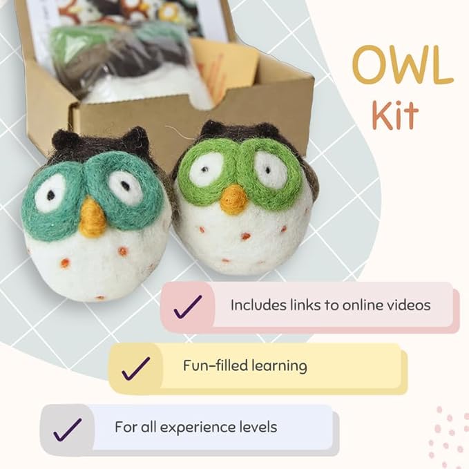 Woolbuddy Owl Needle Felting Kit for Beginners – DIY Animal Craft Kit with Wool, Needles & Photo Instructions – Fun Project for Adults & Kids