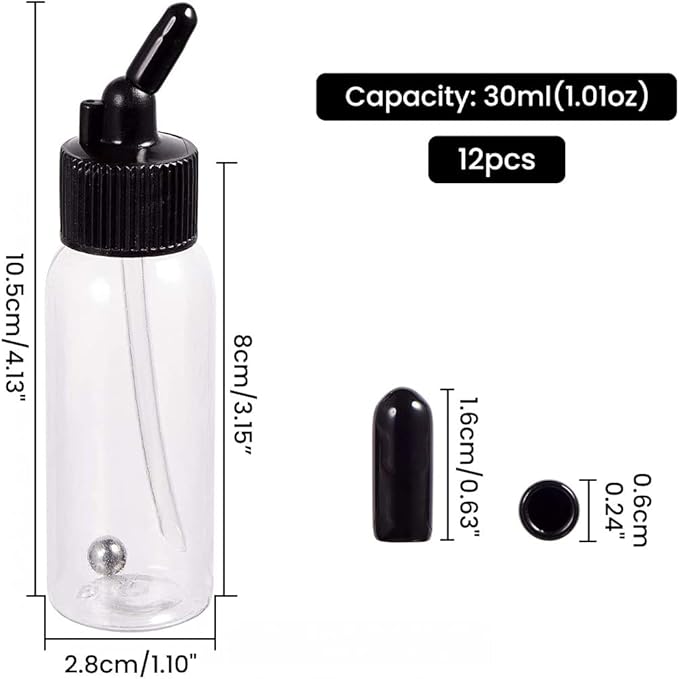 10 Pack 30ML Airbrush Plastic Bottles Jars with caps for Dual- Action Siphon Suction Feed Airbrush