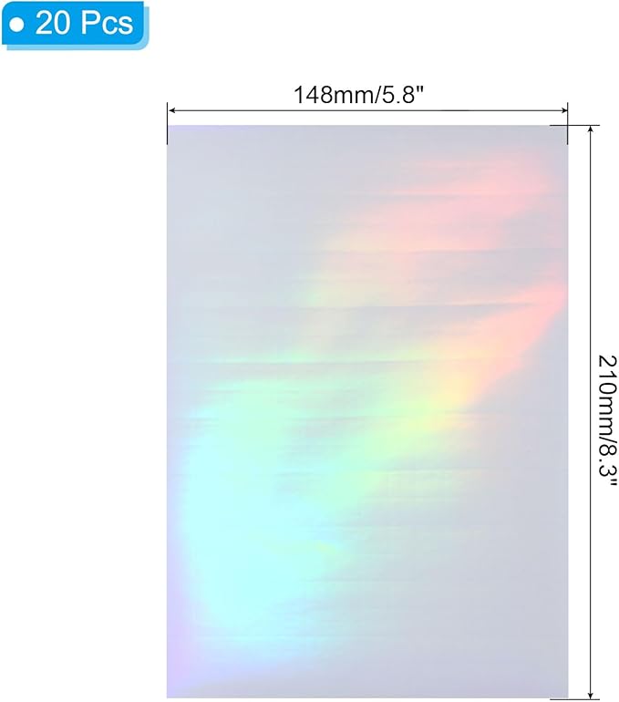 PATIKIL 8.3x5.8" Holographic Sticker Paper, 20Sheets A5 Polypropylene Self-adhesive Transparent Waterproof Laminate Overlay Film for Photo Cards Scrapbook Decorations, Laser