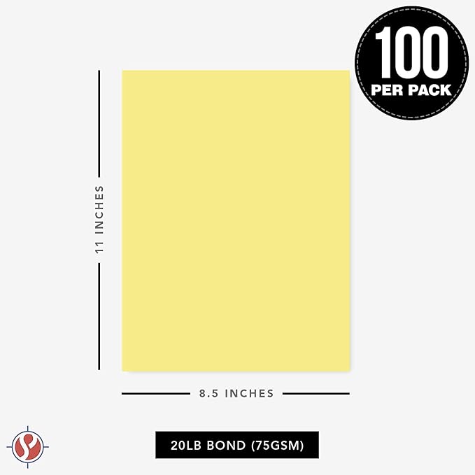 8.5 x 11" Canary Color Paper Smooth, for School, Office & Home Supplies, Holiday Crafting, Arts & Crafts | Acid & Lignin Free | Regular 20lb Paper - 100 Sheets