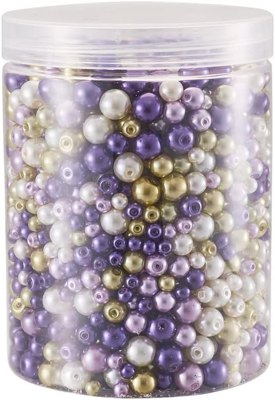 About 1840Pcs 4/6/8mm Glass Pearl Beads Pearlized Beads Multi Colors Round Spacer Beads for DIY Craft Jewelry Making Hole: 1mm, Mixed Purple&Light Yellow