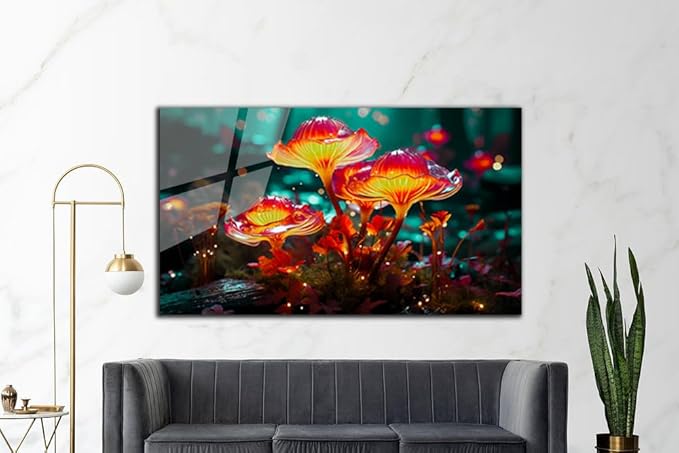 SpiritualHands Fantastic Mushrooms Glass Wall Art Oil Painting for Living Room, Tempered Glass Modern Prints Decor, Large Vivid Color Panel for Bedroom, Kitchen, or Office