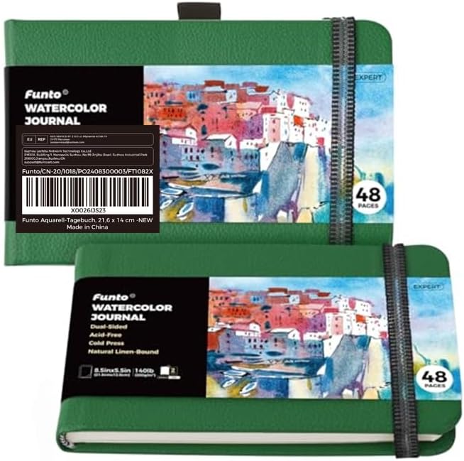 Funto Watercolor Journal, 8.5x5.5, 2 Pack, 48 Pages Each, Green Leather Cover, Cold-Pressed, Inner Paper Pocket, Art Supplies for Mixed Media