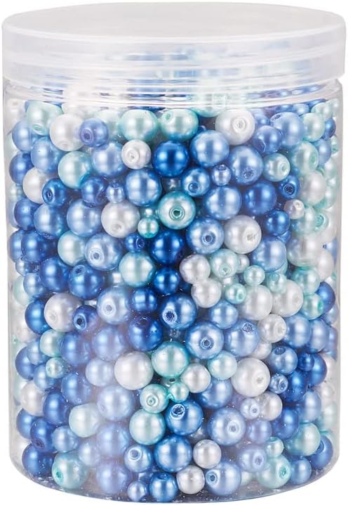 1840Pcs 4/6/8mm Glass Pearl Beads Multi Colors Round Spacer Pearlized Beads for DIY Craft Jewelry Making, Mixed Blue & White