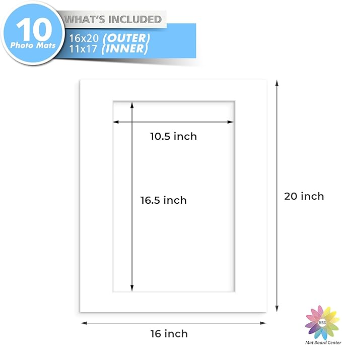 MBC MAT BOARD CENTER, 10 Pack 16x20 for 11x17 White Picture Mats Frame Mattes, Bevel Cut, Acid Free, 4-ply Thickness