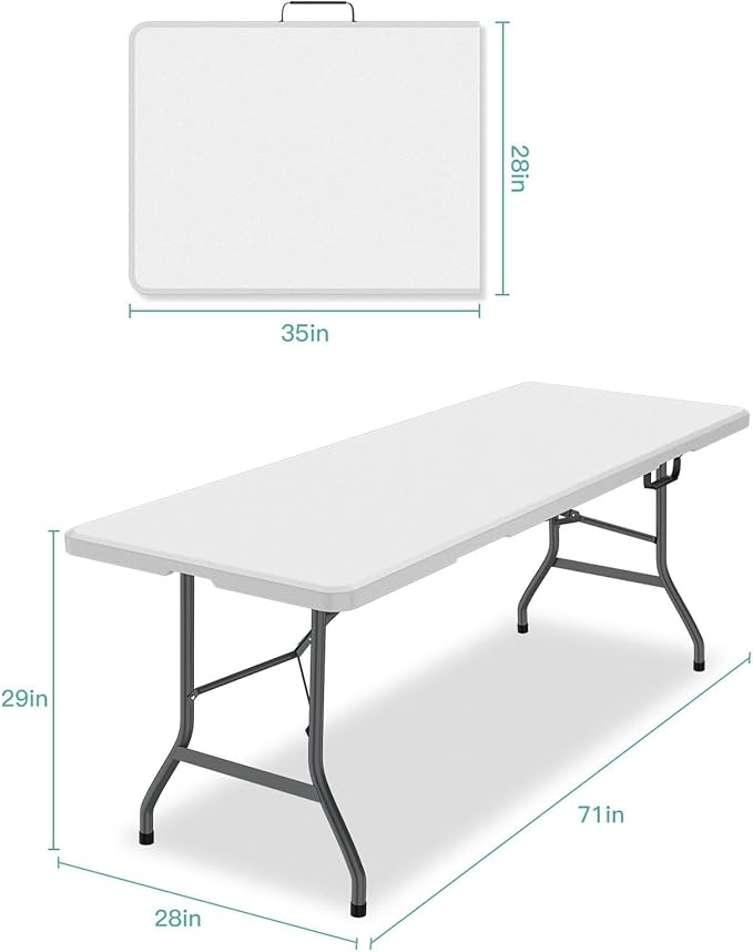 6ft Folding Table, Foldable HDPE Dining Table for Picnic, Camping, Party, Display with Carrying Handle - White