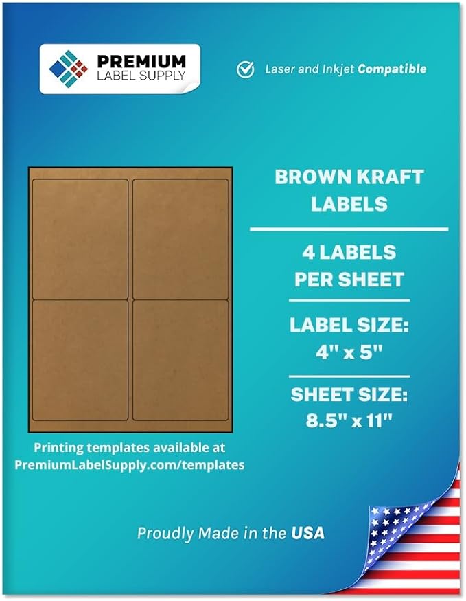 Premium Label Supply Brown Kraft Sticker Labels – 4" x 5" – Laser/Inkjet Compatible – (4 per Sheet), 25 Sheets – 100 Total Adhesive Labels