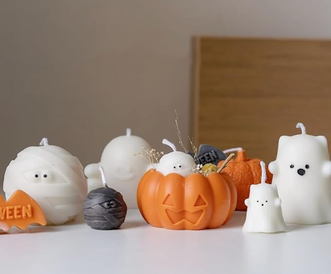 3 Pcs Halloween Candle Silicone Molds Set, DIY Letter Bat, Mummy Ball and 3D Pumpkin Container Mould for Candle Making, Wax Gypsum Ornament Resin Soap Chocolate Mold Home Decor