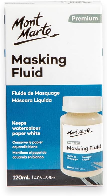Mont Marte Masking Fluid Premium 120ml (4.06 US fl.oz), Masking Fluid for Watercolor Painting, Keeps Areas Free of Color And Edges Crisp, Resists Watercolor, Ink and Pouring Paint