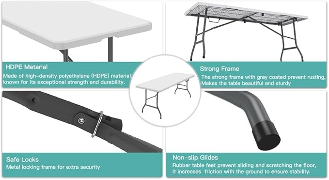 Generic 6 ft Folding Table, Portable Heavy Duty HDPE Fold-in Table, Lightweight Folding Table, Foldable Plastic Card Table for Party, Dining, Barbecue, Board Game with Carrying Handle - White